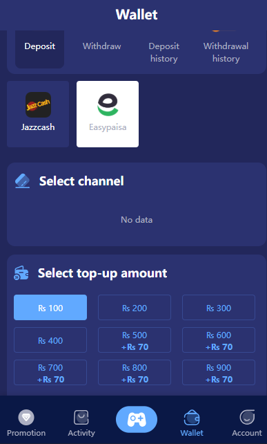 Omione deposit system supporting instant JazzCash, EasyPaisa, and Bank Transfer payment methods in Pakistan.