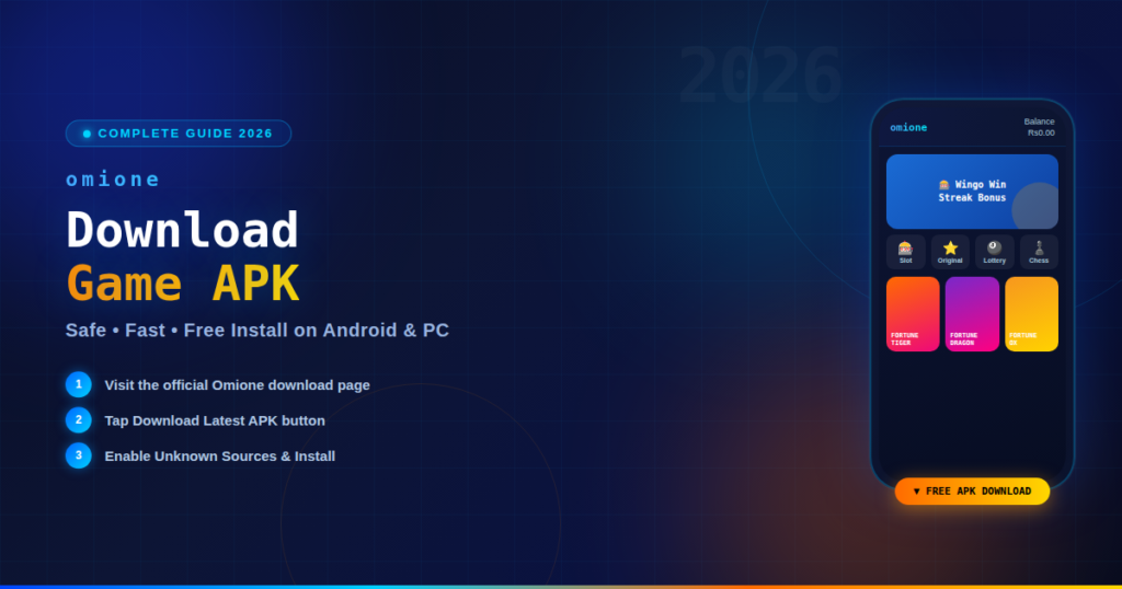 Omione Game APK download guide 2026 – step-by-step installation instructions shown alongside Omione app interface on Android phone screen