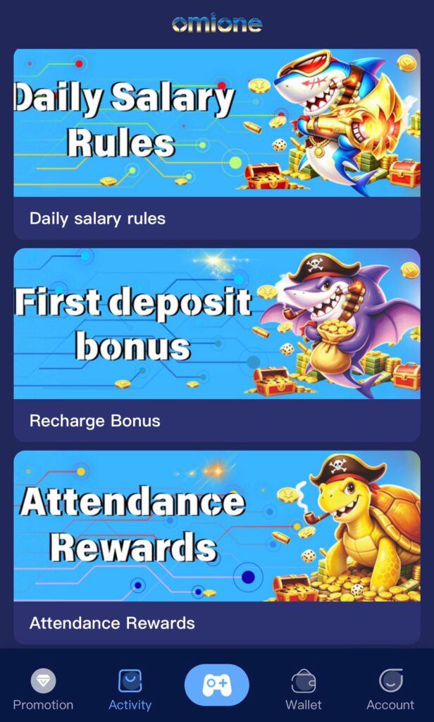 Omione rewards dashboard showing new user welcome bonuses, daily login gifts, and referral commission rates.