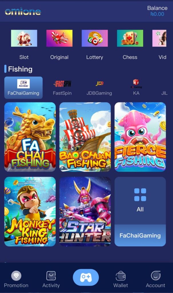 Full Omione game library featuring slots, color prediction, card challenges, and Sky Crash Pro mini-games.